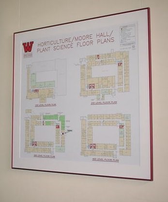 Image 1: an example of an interior wayfinding poster from the Horticulture/Moore Hall/Plant Science building